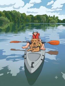 Jugendlicher mit Hund im Paddelboot in idyllischer Landschaft (Comic-Style)
