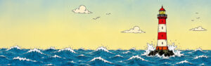 Bunter Leuchtturm im welligen Meer (Comic-Style)