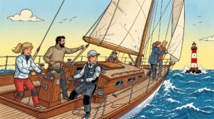 Segelboot mit Crew steuert auf einen Leuchtturm zu (Comic-Style)