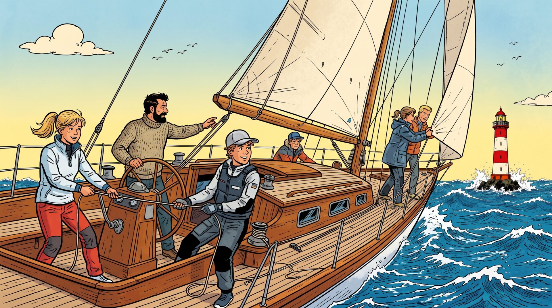 Segelboot mit Crew steuert auf einen Leuchtturm zu (Comic-Style)