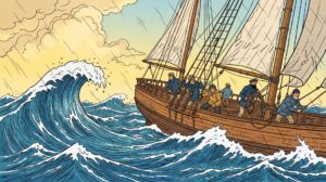 Segelboot mit besorgter Crew segelt durch die stürmische See (Comic-Style)