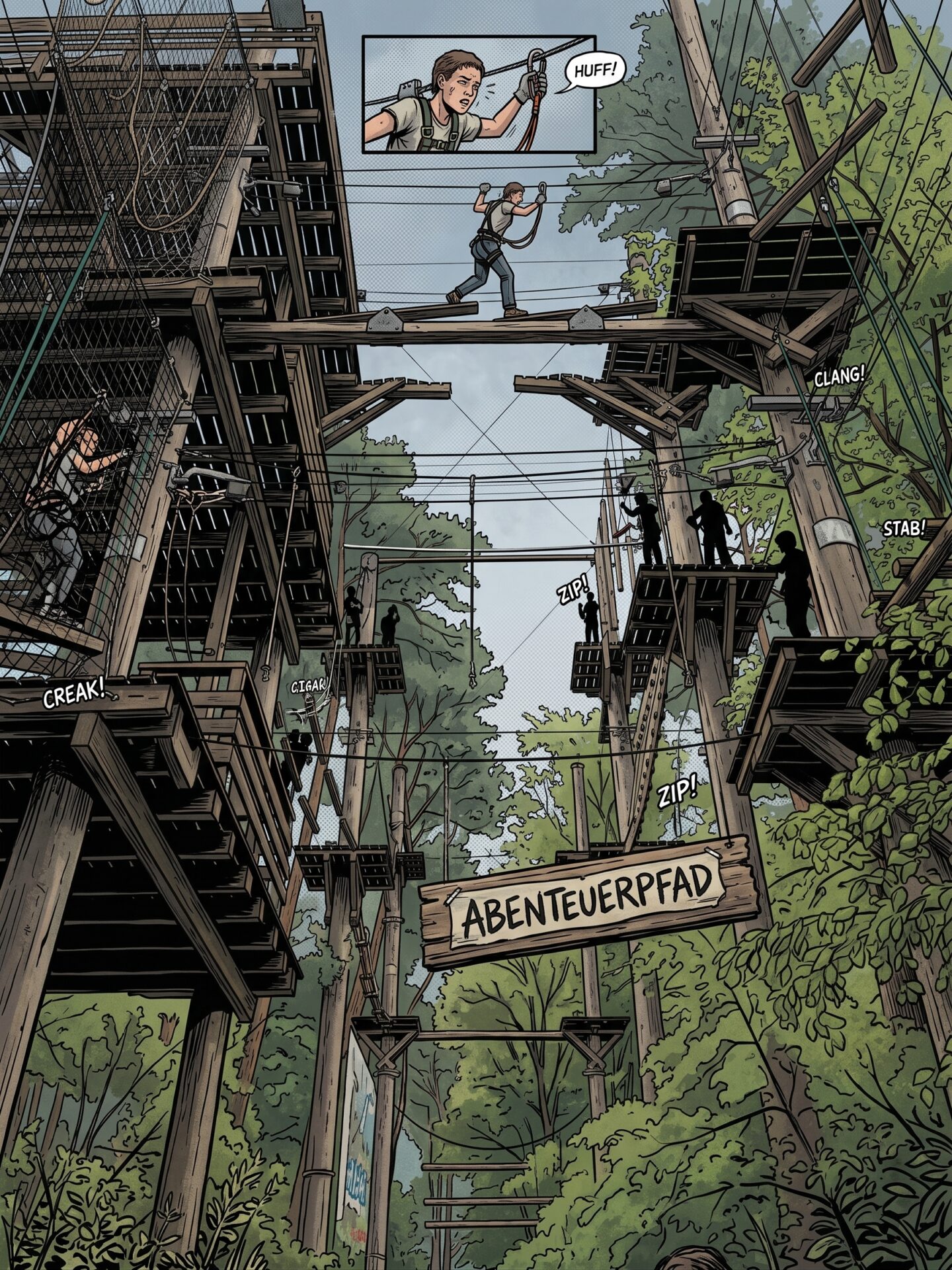 Abenteuerpfad in einem Kletterpark (Comic-Style)