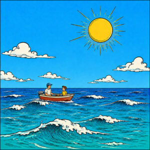 Blick aufs Meer mit einem Boot und blauem Himmel. In dem Boot sitzt ein Mann mit einem Jugendlichen. (Comic-Style)