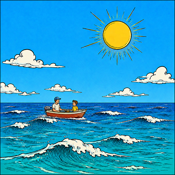 Blick aufs Meer mit einem Boot und blauem Himmel. In dem Boot sitzt ein Mann mit einem Jugendlichen. (Comic-Style)