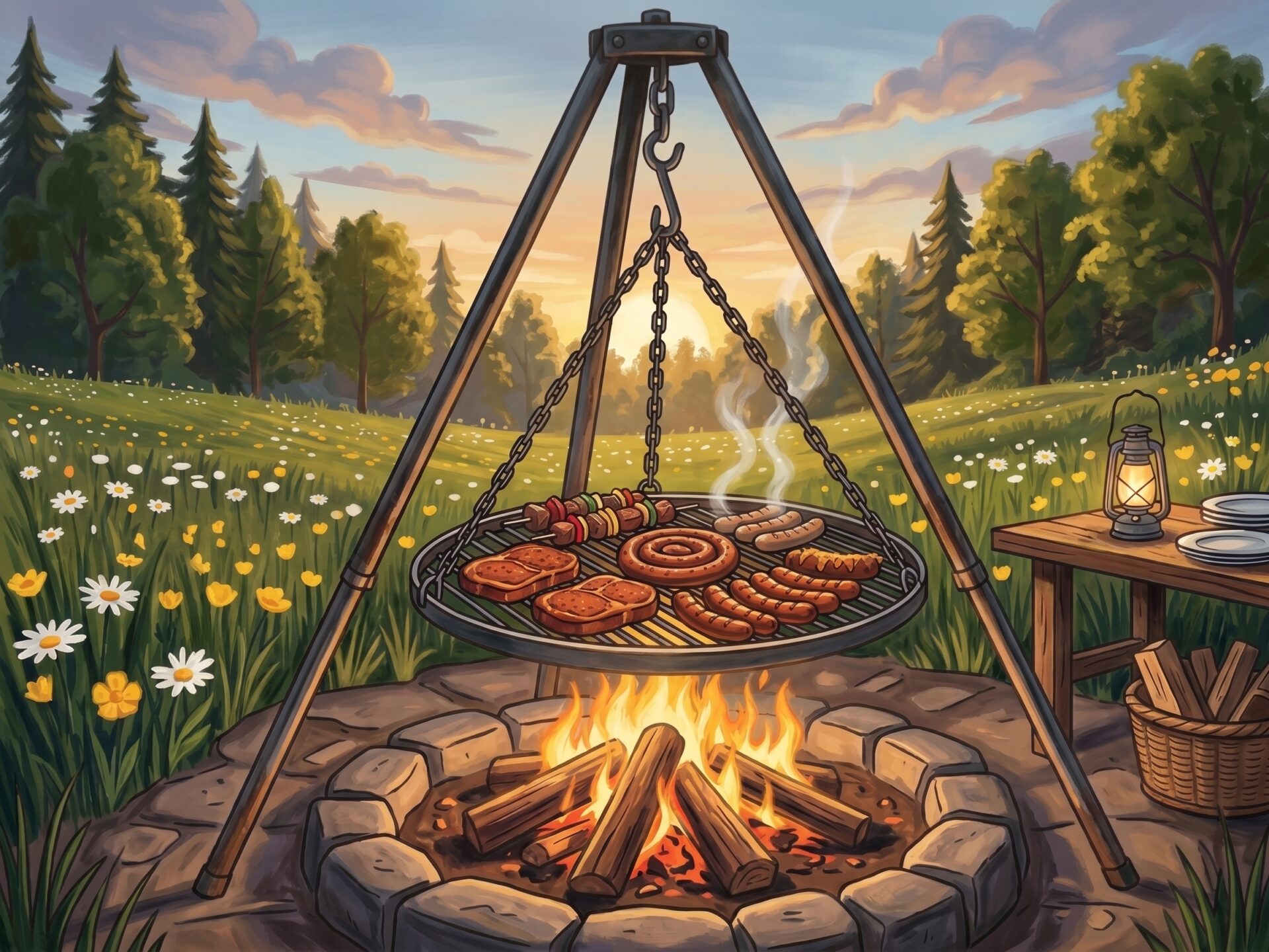 Lagerfeuer mit Grillgut auf einer Wiese bei untergehender Sonne, im Hintergrund Bäume (Comic-Style)