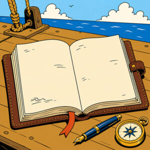Ein Logbuch liegt auf einem Holztisch auf einem Segelschiff. Vor dem Logbuch liegen ein Füllfederhalter und ein Kompass. Im Hintergrund sind das Meer und der blaue Himmel zu sehen. (Comic-Style)