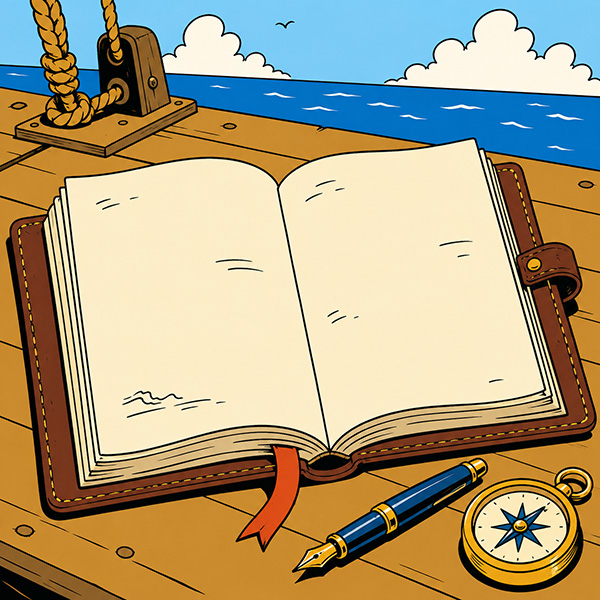 Ein Logbuch liegt auf einem Holztisch auf einem Segelschiff. Vor dem Logbuch liegen ein Füllfederhalter und ein Kompass. Im Hintergrund sind das Meer und der blaue Himmel zu sehen. (Comic-Style)