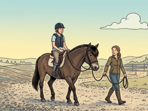 Auf einem Pferd sitzt ein Jugendlicher. Das Pferd geht im Schritt und wird an einer kurzen Longe von einer Frau geführt. (Comic-Style)