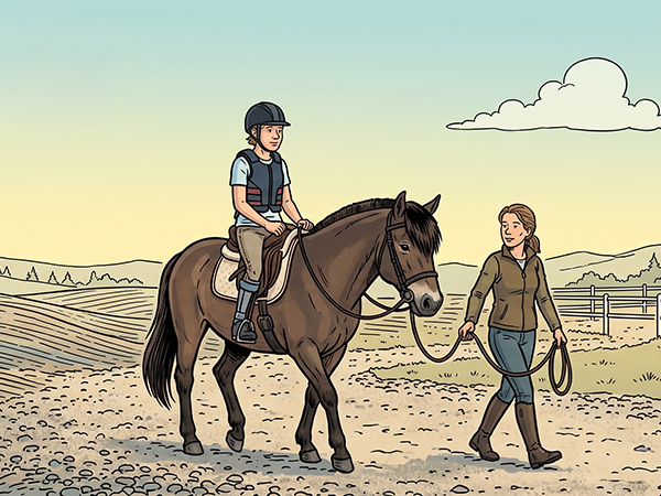Auf einem Pferd sitzt ein Jugendlicher. Das Pferd geht im Schritt und wird an einer kurzen Longe von einer Frau geführt. (Comic-Style)