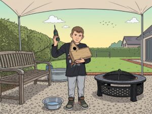 Ein Junge präsentiert ein selbst gebautes Vogelhaus (Comic-Style)