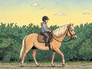 Therapeutisches Reiten: Ein Kind sitzt auf einem Pferd (Comic-Style)
