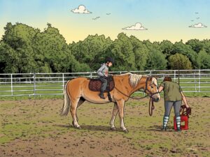 Therapeutisches Reiten: Ein Kind sitzt auf einem Pferd. Neben dem Pferd steht eine Frau, die das Pferd an einer Leine hält. (Comic Style)