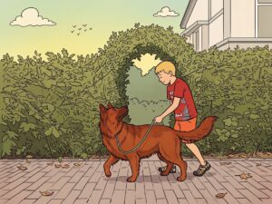 Ein Junge führt einen Hund an einer Leine vor einer grünen Hecke. (Comic-Style)