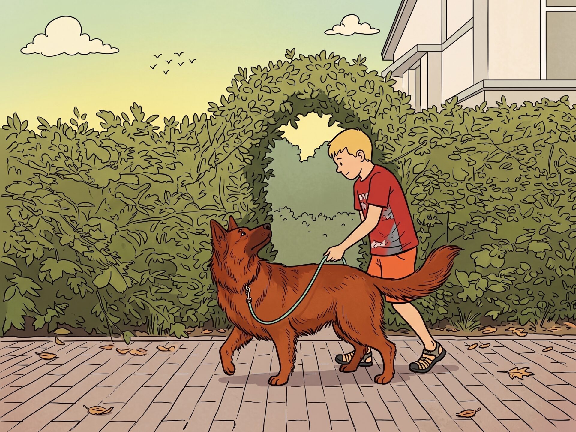 Ein Junge führt einen Hund an einer Leine vor einer grünen Hecke. (Comic-Style)
